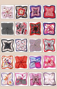 Grid view showcasing 20 stylish 50x50cm silk scarves with diverse patterns from C1 to C20