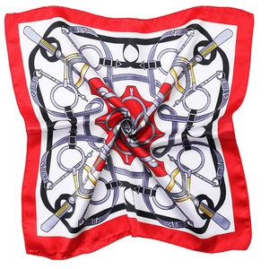 Equestrian theme square satin scarf with red and gold horsebit patterns for professional wear