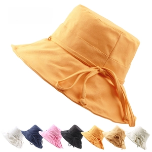 Cappello da sole a tesa larga in cotone e lino con fiocco e sette colori in griglia