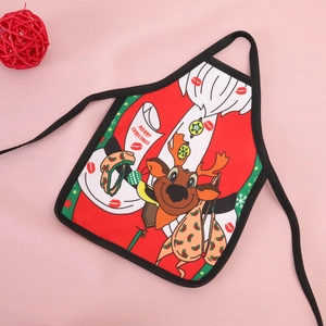 Detailed close-up of a festive red Christmas apron wine bottle cover with reindeer motif