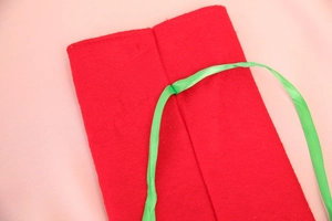 Detail of red felt Christmas wine bag featuring green silk ribbon and precise stitching