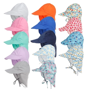 Collection of kids' sun hats with wide brims and neck protection in various colors and prints