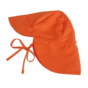 Detail view of orange kids sun hat with wide brim, neck flap and adjustable chin strap