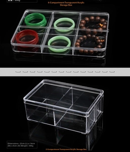 Close-up of clear acrylic storage box showing compartments and dimensions 22x14x8cm