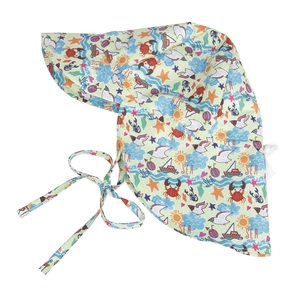 Detail of kids sun hat with neck flap featuring sea life print and chin strap