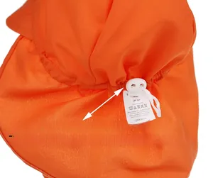 Detail of orange kids sun hat with adjustable white drawstring and UPF 50+ label