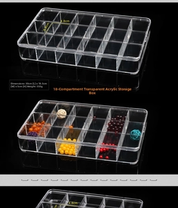 Macro view showing 18-compartment acrylic storage box dimensions 30x18.5x5cm with measurements