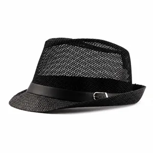 Classic black mesh fedora jazz hat for men and women with stylish leather buckle band