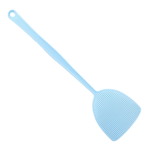 Durable light blue plastic fly swatter with long handle and mesh head on white background