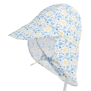 Detail of light blue sun hat with neck flap and Love Summer cartoon print for kids