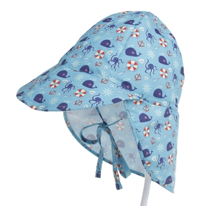Kids sun hat with neck protection, featuring nautical octopus and whale prints