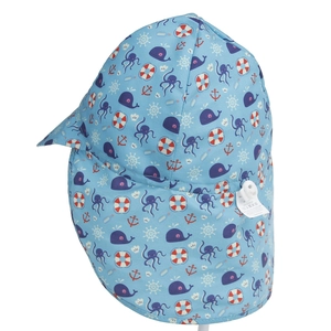 Infant sun hat with neck protection flap and ocean themed whale print in light blue