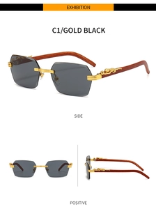 Detail of rimless hexagonal sunglasses with wood grain temples and golden leopard décor