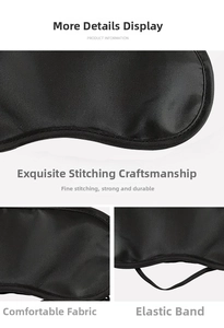 Detailed views of black polyester sleep mask with elastic strap and fine stitching