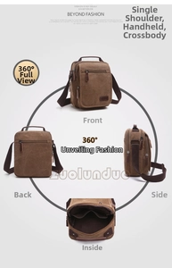 Detailed multi-angle views of a brown canvas crossbody bag with adjustable strap