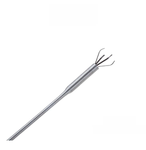 Macro view of four-claw flexible pick-up tool for removing hair and debris from drains