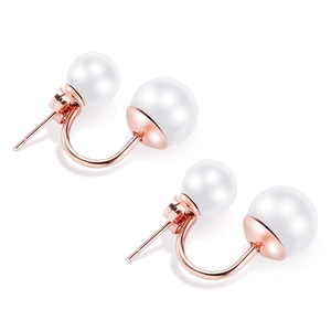 Minimalist double white pearl earrings with rose gold stainless steel hook design