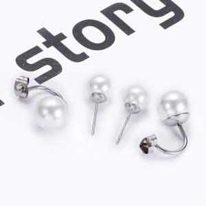 Minimalist stainless steel double pearl stud earrings with 10mm glossy white pearls