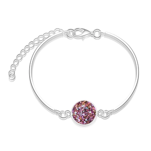 Macro shot of silver circular bracelet featuring colorful druzy stones and lobster clasp