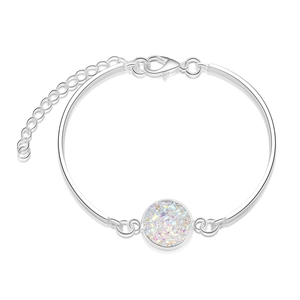 Close-up of silver-tone druzy bracelet with multi-color glitter inlay and adjustable chain