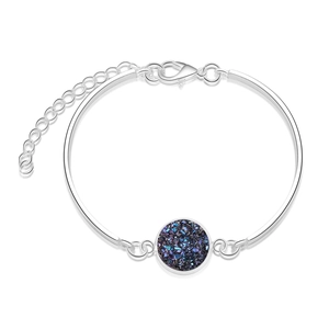 Detail of silver round bracelet featuring purple druzy crystal and adjustable clasp