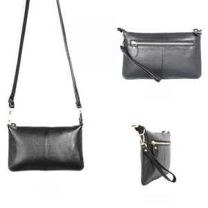 Front, back, and side views of a black pebbled leather crossbody envelope clutch bag