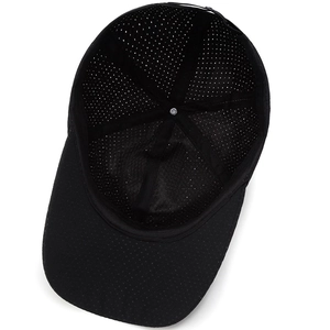 Breathable black quick-dry sport baseball cap with laser-cut ventilation holes and mesh lining
