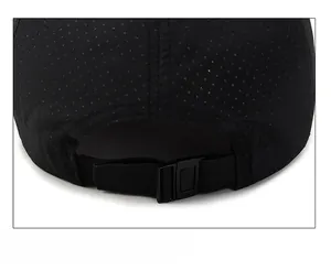 Detail of adjustable strap and breathable mesh fabric on black quick-dry sport cap