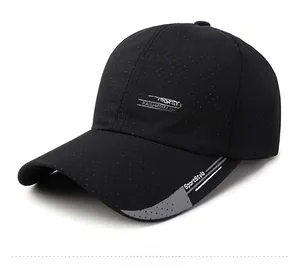 Close-up of black breathable mesh sports cap with fashion text and curved brim