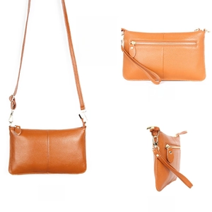 Detailed views of yellow leather envelope bag showing front, back, and side profiles