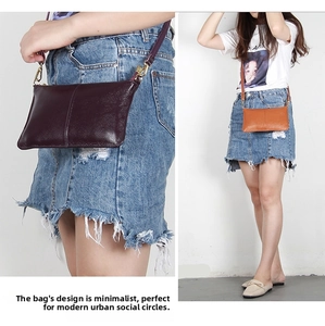Close-up and full view of ultra-slim leather crossbody envelope bag in purple and orange
