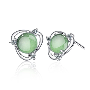 Elegant silver stud earrings with green opal and white zircon floral design for women