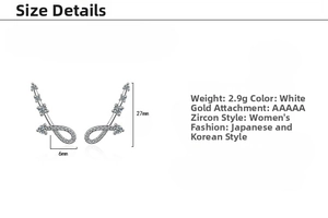 Detailed size chart for silver-plated curvy zircon earrings showing 27mm height and 2.9g weight