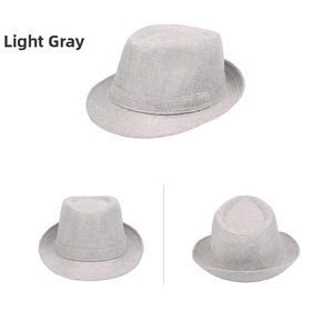 Three perspectives of light grey breathable woven fedora for men showing design and texture