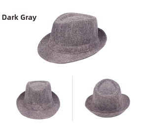 Detailed views of dark gray fedora hat showing breathable woven texture and classic band