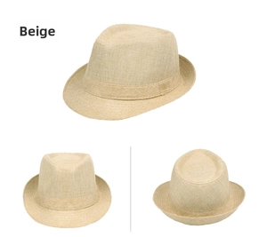 Three-view layout of a beige woven straw Fedora hat showing texture and brim detail