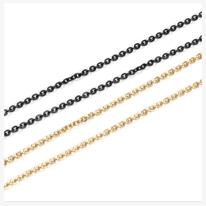 Macro detail of stainless steel Cuban chains in both gold and black metallic finishes