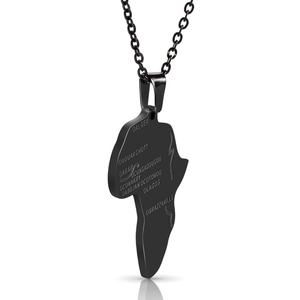 Polished black Africa map pendant necklace with engraved city names on a metal chain