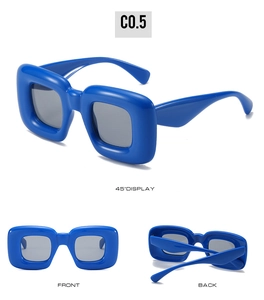 Three-angle view of bright blue Y2K bubble frame sunglasses with gray UV lenses