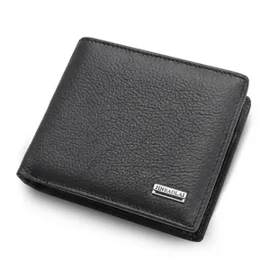 Genuine Cowhide Leather Men Wallet Short Business Purse Litchi Grain Multi Card Slots Coin Pocket ID Window Zipper