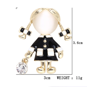 Cute cartoon girl brooch with black white enamel and opal bead, size 3.6x3cm