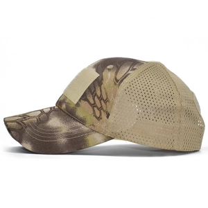 Detailed side view of tactical camo baseball cap featuring breathable mesh and velcro panels