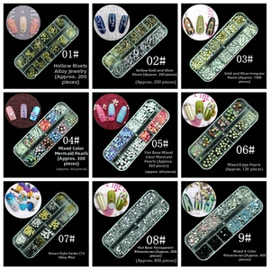 Nine-grid display showing various nail art rhinestones, pearls, and alloy studs in 12-slot boxes