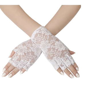 Elegant white lace fingerless gloves with floral embroidery for weddings and sun protection