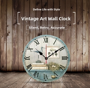 Detailed view of vintage silent wall clock featuring Roman numerals and coastal art design