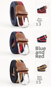 Detailed views of elastic woven belts with metal pin buckles in three distinct color patterns