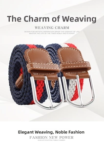 Detail of multi-color elastic woven belts with silver pin buckles and brown leather tabs