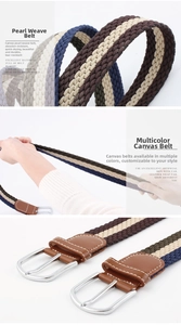 Detail of elastic braided canvas belts showing stretch material and multiple color options