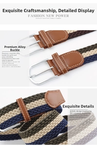 Macro detail of elastic woven belt with alloy pin buckle and multicolor braided fabric texture