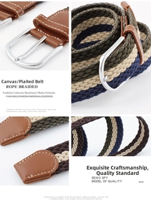Close-up of woven canvas belt showing alloy pin buckle and multi-color nylon texture